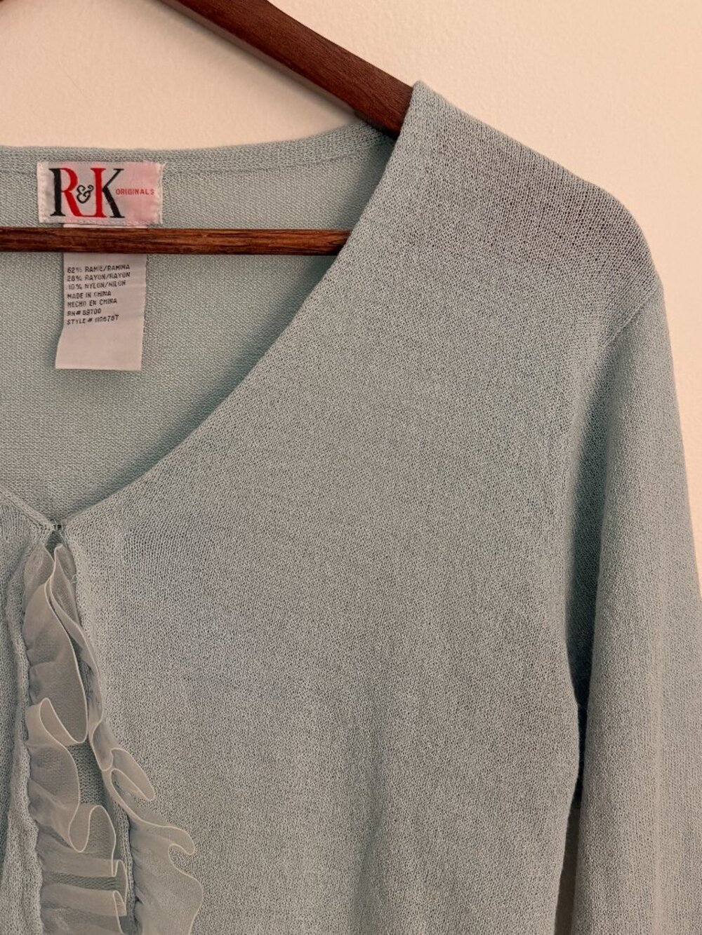 Vintage R&K Originals Light Blue Ruffled Knit Cardigan, Size 10